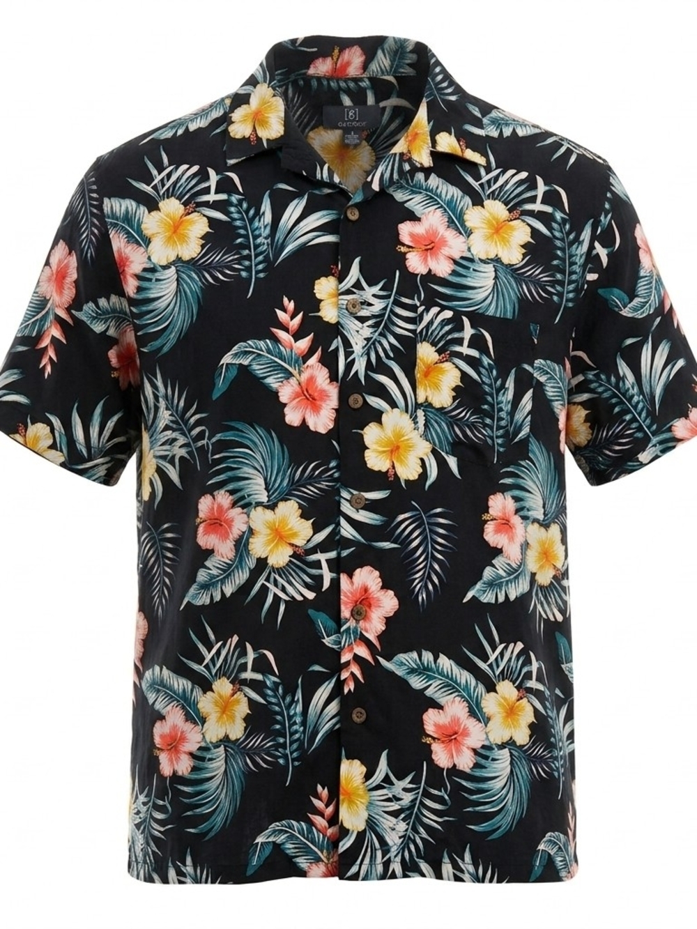 George Men's Large Black Floral Hawaiian Camp Shirt Short Sleeve Tropical Button